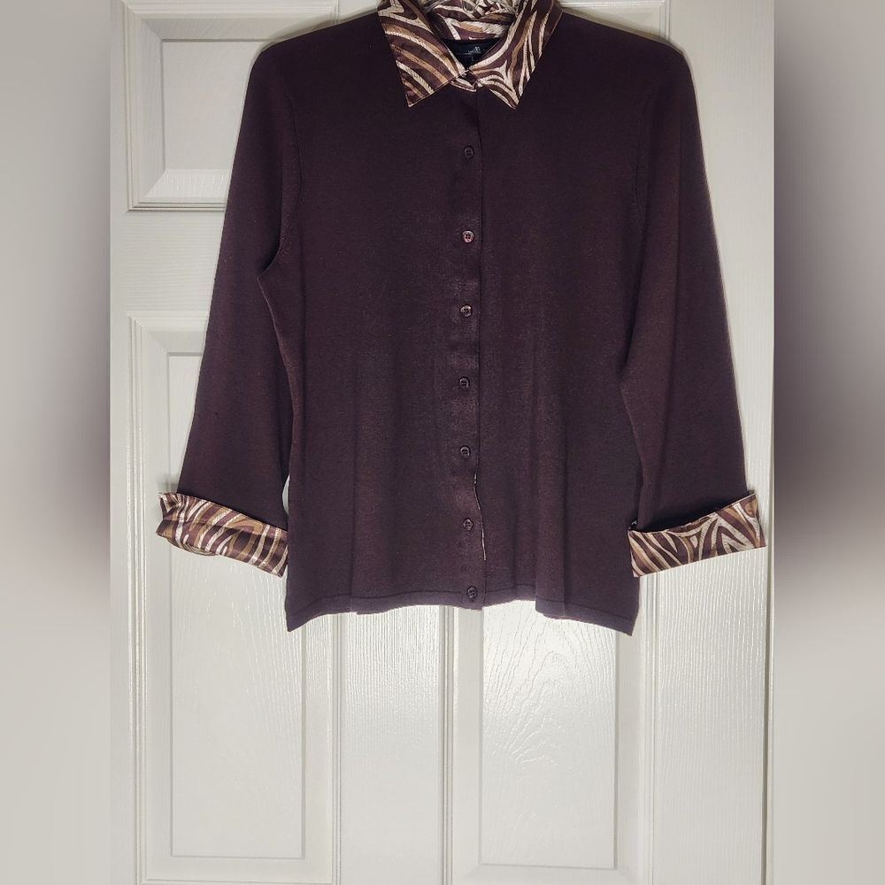 Willi Smith L Women's Brown Cardigan with Patterned Collar and Cuff SILK Blend
